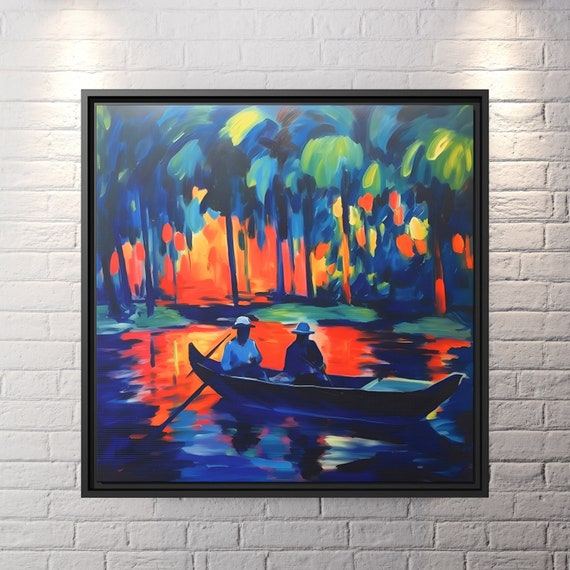 Colorful Lake Art Moonlight Painting Sailing Wall Art Abstract River Art Sail Moody Landscape River Night Sailing Poster Fauvism Art Print