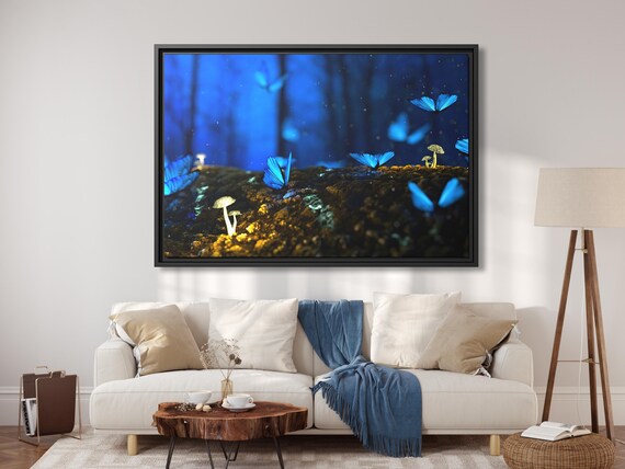 Glowing Blue Butterflies Canvas Print Night Scenery Extra Large Wall Art Blue Butterflies Wall Decor Flying Butterflies in Forest Wall Art