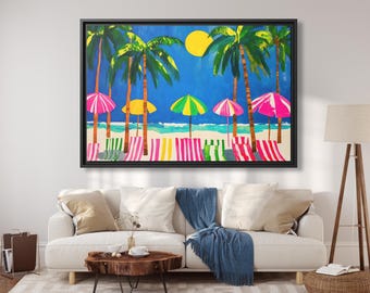 Beach Umbrellas Painting Palm Trees Ocean Horizon Art Southern California Beach Umbrella Art Miami Beach Art Beachy Room Decor Beach Artwork