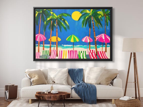 Beach Umbrellas Painting Palm Trees Ocean Horizon Art Southern California Beach Umbrella Art Miami Beach Art Beachy Room Decor Beach Artwork