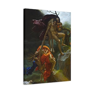 May include: A canvas print of a classical painting depicting several nude figures in a dramatic scene. The figures are in various poses, with some appearing to be struggling or in distress. The color palette is dominated by earthy tones, with accents of red and blue.