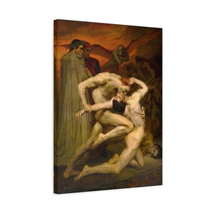 May include: A canvas print of a classical painting depicting a dramatic scene with nude figures. The artwork features figures in various poses, with a fiery, orange background and figures in the background. The overall theme is classical art.