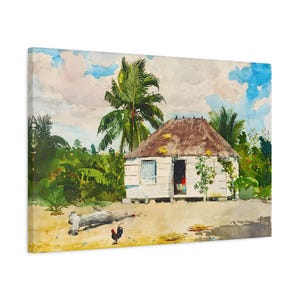 May include: Watercolor painting of a tropical scene featuring a small white house with a thatched roof. Lush green foliage surrounds the house, with a palm tree in the background. A rooster stands in the foreground on the sandy ground.