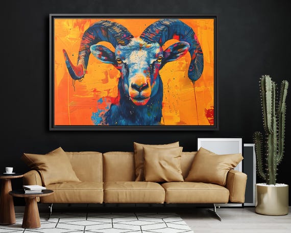 Ram Wall Art Wild Life Painting Rustic Gallery Wall Art Ram Decor Mountain Animal Art Aries Ram Wall Art Strong Animal Art Ram Aries Print