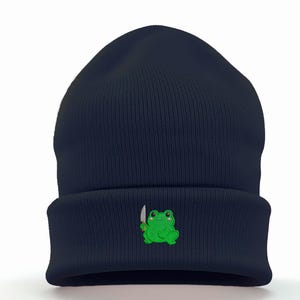 Frog with Knife Embroidered Cuffed Beanie – 4 Colours Pink, Blue, Purple & Black, Cottagecore Frogcore Streetwear Hat | UK Embroidered