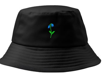 Delicate Bluebell Embroidered 100% Cotton Black Bucket Hat | UK Embroidered | Available in S/M and L/XL Sizes