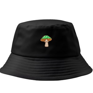 Cozy Fungi Sombrero de cubo de algodón negro / Hongo verde de dibujos animados bordado a mano del Reino Unido / Estética caprichosa y terrosa / Unisex, Tamaños adultos