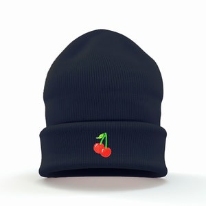 Gorro con puño bordado de cereza juguetón / Suave y cálido / Caprichoso / Frutas / Múltiples colores