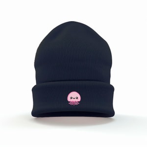Kawaii Jellyfish Embroidered Cuffed Beanie: Trendy Cottagecore