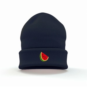 Refreshing Watermelon Embroidered Cuffed Beanie | Acrylic Knit | Available in Pink, Blue, Purple, and Black | UK Embroidered