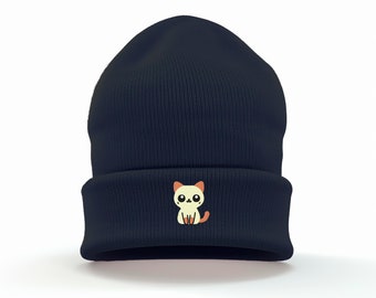 Lindo gato siamés bordado gorro con puños / Suave / Múltiples colores / Unisex / Estético