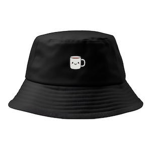 Cute Smiling Cup of Coffee Embroidered 100% Cotton Bucket Hat | UK Embroidered | 2 Sizes | Unisex