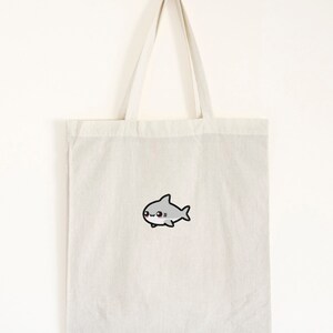 Cartoon Shark Cotton Tote Bag | Unisex | UK Embroidered | Natural | One Size