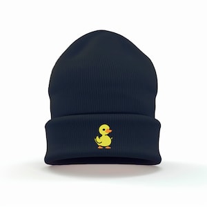 Gelbe Ente bestickte Mütze mit Cuff | Spaß und gemütliches Winter-Accessoire | Erhältlich in 4 Farben | UK Bestickt