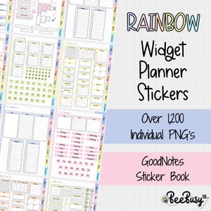 May include: A set of rainbow colored planner stickers with over 1,200 individual PNGs. The stickers are designed for use with the GoodNotes app. The text "RAINBOW Widget Planner Stickers" and "Over 1,200 Individual PNG's" is displayed on the image. The text "GoodNotes Sticker Book" is displayed on the image. The text "BeeBusy" is displayed on the image.