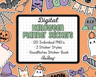 May include: Digital Halloween planner stickers with 120 individual PNGs, 2 sticker styles, and a GoodNotes sticker book. The stickers feature a variety of Halloween themes, including ghosts, pumpkins, bats, and candy corn.