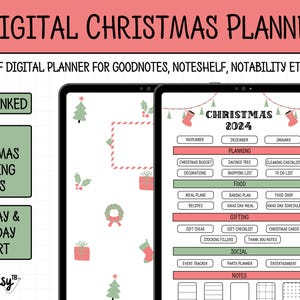 May include: A digital Christmas planner for Goodnotes, Noteshelf, and Notability. The planner includes sections for budgeting, gift ideas, meal planning, and more. The planner is decorated with festive Christmas illustrations.