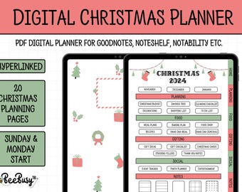 Puede incluir: Un planificador digital de Navidad para Goodnotes, Noteshelf y Notability. El planificador incluye secciones para presupuestos, ideas de regalos, planificación de comidas y mucho más. El planificador está decorado con ilustraciones navideñas festivas.