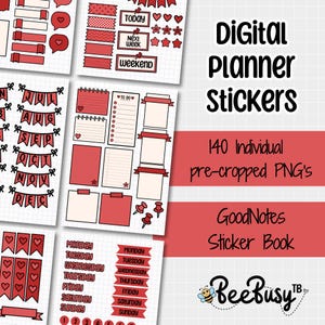 Röda Digital Planner Stickers - PNG | Precropped | GoodNotes klistermärkebok | Söt | Pastellfärger | GoodNotes | OneNote | iPad | Android |
