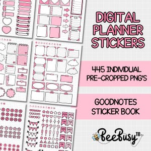 May include: Digital planner stickers in pink and white, featuring various shapes like hearts, banners, and checklists. The image includes the text "DIGITAL PLANNER STICKERS" and "445 INDIVIDUAL PRE-CROPPED PNG'S".