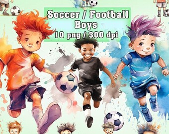 Watercolor Soccer Boys Clipart: 10 PNG Files (Digital Download)
