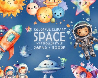 Space Watercolor Clipart, Planets Clip Art, Rockets, Watercolour PNG, Nursery Decor, Cute Astronauts, Childs Room,  Birthday Party, Stickers