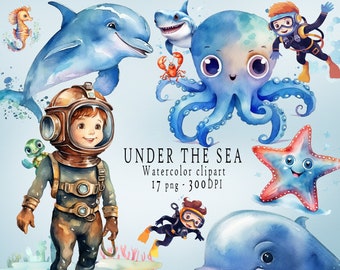 Watercolor Under The Sea Clip Art, Sea Life, Nursery, Birthday Products, Ocean stickers, Illustration Images, Clothing print design, Crafts