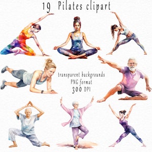 Pilates clipart, ouderen activiteiten gezondheid en fitness illustraties, oefening illustraties, actief leven, aquarel, commercieel gebruik.