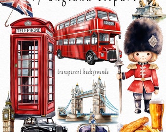 England Clipart - English Images, Tourist illustrations, British Elements, PNG, Instant Digital Download, Commercial Use