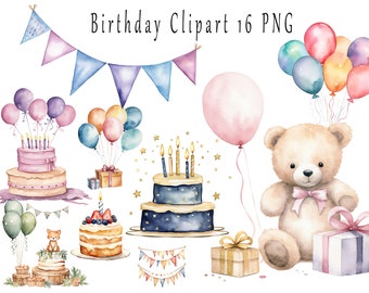 Happy Birthday, Birthday Clipart, Party Clipart, Balloons Clipart, Birthday Party, Watercolor Clipart, Commercial Use, Digital Download, PNG