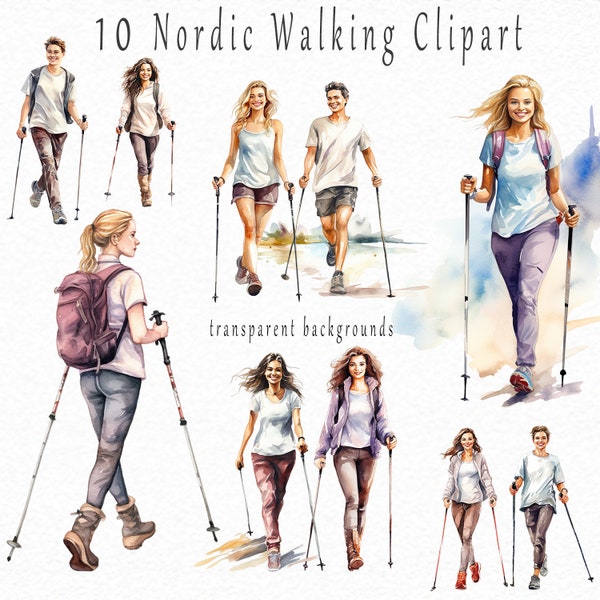 Nordic Walking Clipart, Hiking, Urban Active Lifestyle, Nature Enthusiasts, Health and Fitness, PNG, Free License, Instant Download.