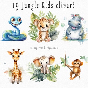 Clipart de animais da selva em aquarela, imagens da vida selvagem, quarto infantil, festa de aniversário, adesivos, chá de bebê, pôsteres, camisetas, ilustrações,