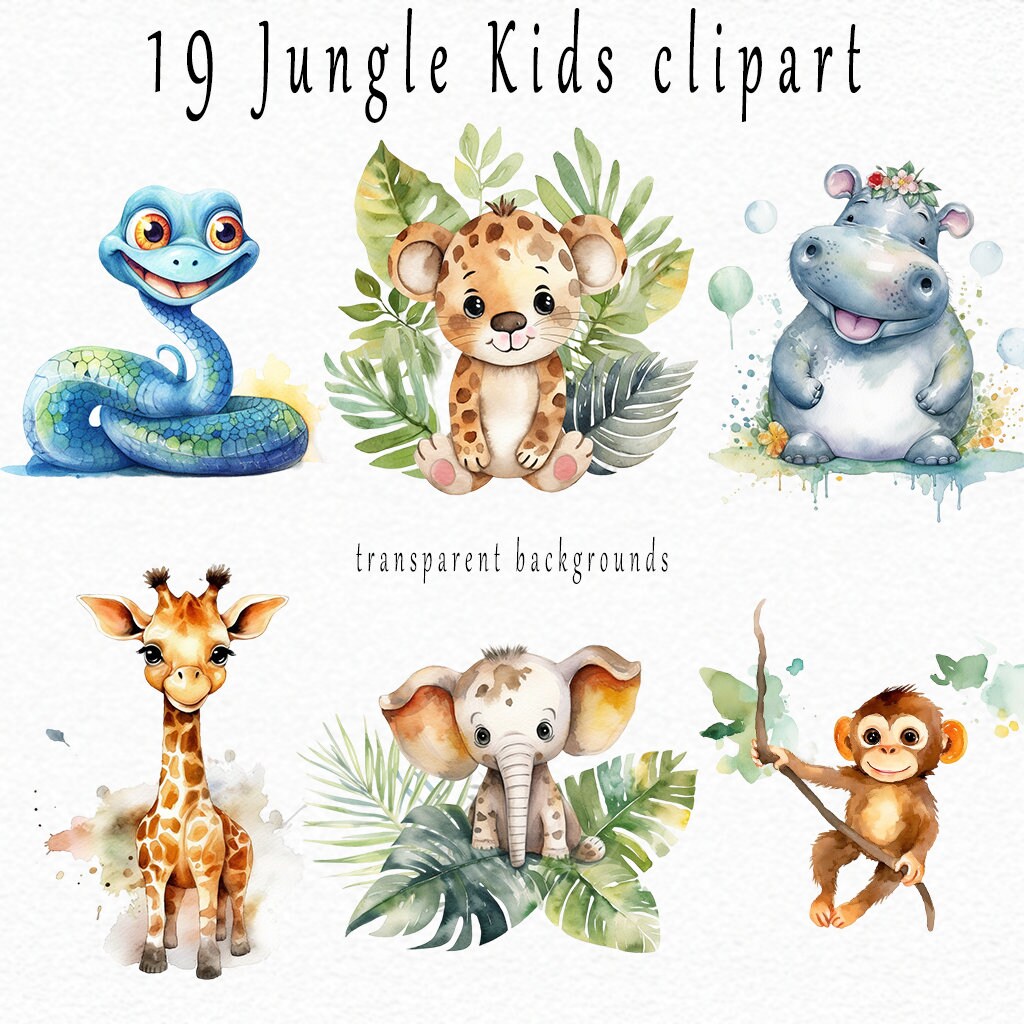 Watercolor Jungle Animals clipart, Wildlife Images, Childs Room,  Birthday Party, Stickers, Baby Shower, Posters, Tshirts, Illustrations,