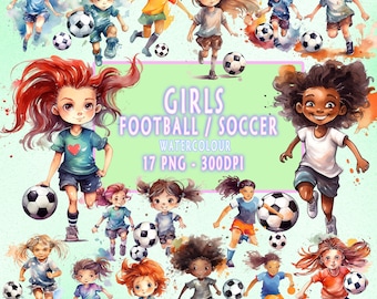 Watercolor Girls Soccer Clipart: World Cup, Party Decor (Digital Download)