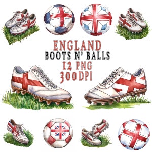 Aquarela Inglaterra Boots n' Balls Clip Art Futebol e Futebol Clipart Quarto Infantil, Adesivos de Festa de Aniversário Chá de Bebê Copa do Mundo EUROS