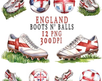 Watercolor England Football Clipart: Boots & Balls (Digital Download)