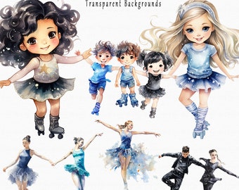 Artistic Roller Skating Clipart, Roller Derby, Figure Skate clip Art, Skates Illustrations, Dance On Wheels, Watercolor, Commercial Use.