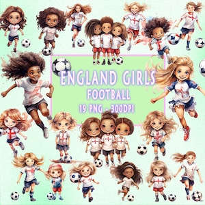 ClipArt per ragazze di calcio inglese, clipart di calcio per ragazze, stanza dei bambini, festa di compleanno, adesivi, baby shower, Coppa del mondo.