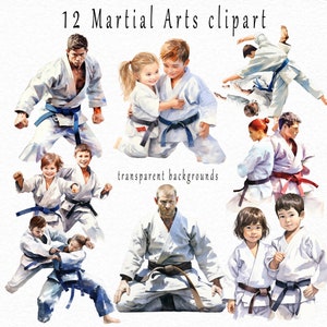 Imágenes prediseñadas de artes marciales de acuarela, lanzamientos de judo, autodefensa, clip art de deportes de combate, técnicas de agarre, clases de disciplina, uso comercial