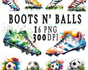 Watercolor Soccer Clipart: Boots and Balls PNG (Digital Download)