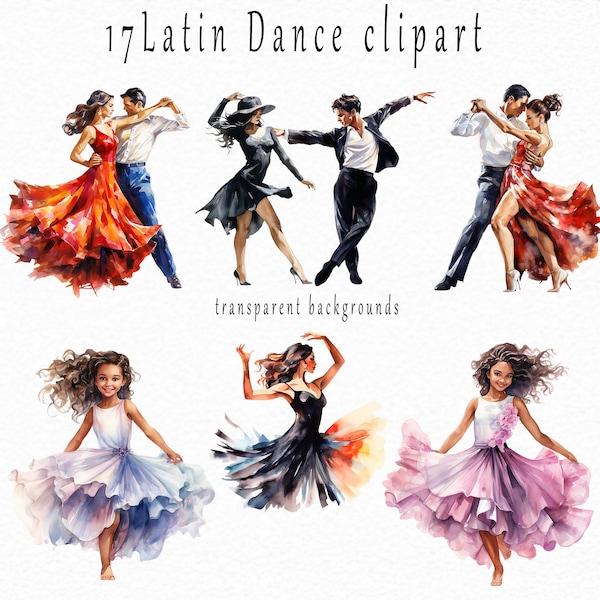 Latin Dancing Clipart, Salsa Dancers, Bachata Dance, Cha-cha-cha Illustrations, Merengue, Rumba, Tango, Partner, Aquarelle, Commercial Use.