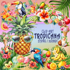 Tropicana Summer Clipart - Fiori esotici vibranti, Frutti tropicali, Cocktail, Elementi da spiaggia, PNG, Download digitale istantaneo, Uso commerciale