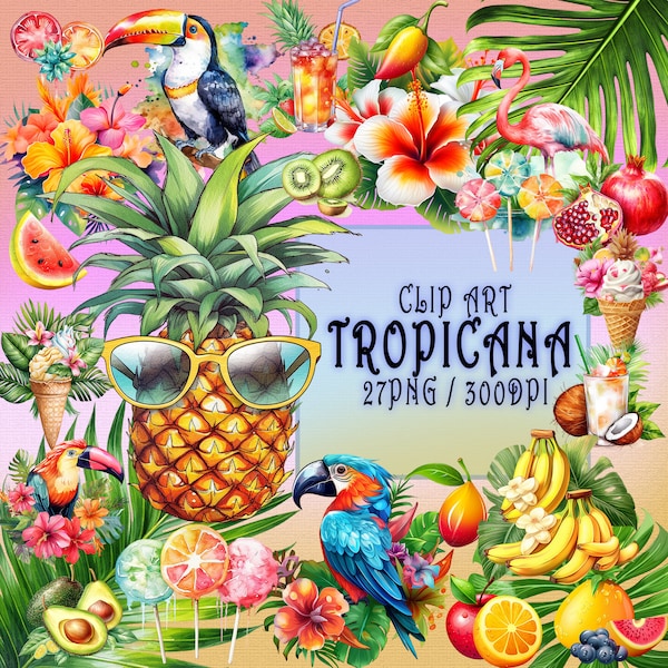 Tropicana Summer Clipart - Vibrant Exotic Flowers, Tropical Fruits, Cocktails, Beach Elements, PNG, Instant Digital Download, Commercial Use