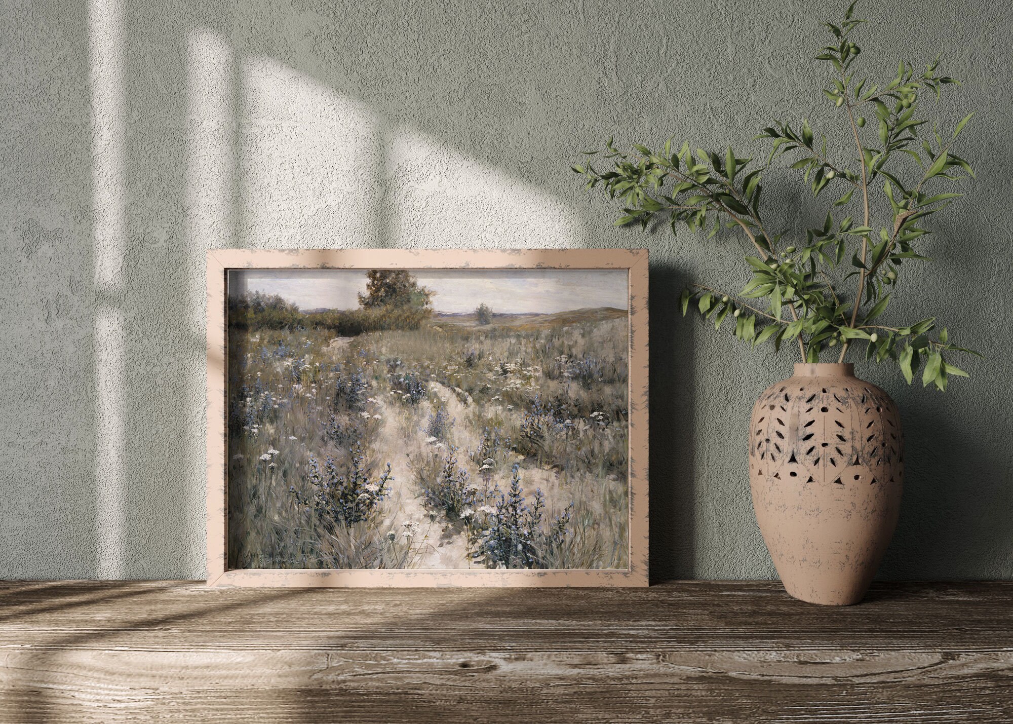 Muted Landscape Painting of a Meadow Path / Vintage Farmhouse Wall Art ...