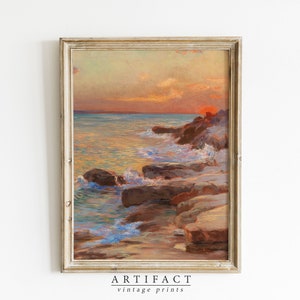 Dipinto vintage costiero al tramonto / Dipinto oceanico stampabile / Arte della parete sulla spiaggia / Arte di download digitale STAMPABILE / Artefatto Vintage / AV_029