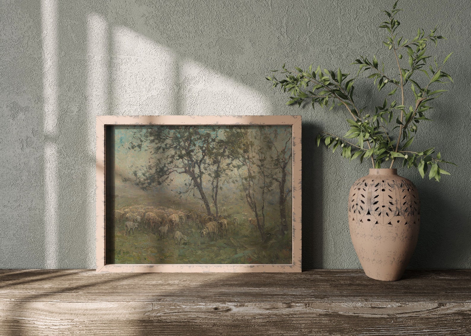 Vintage Painting of Sheep in a Meadow / Muted Landscape / Neutral ...