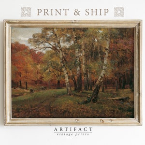 Mailed Art Print of Autumn Trees / Farmhouse Kitchen Decor / Vintage Tree Oil Painting / Fall Landscape Art Print / Giclée Print / P_089