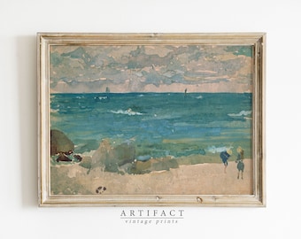 Seascape Watercolor Painting of Beach / Coastal Landscape / Nautical Decor / PRINTABLE Digital Download Wall Art / Artifact Vintage / AV_199