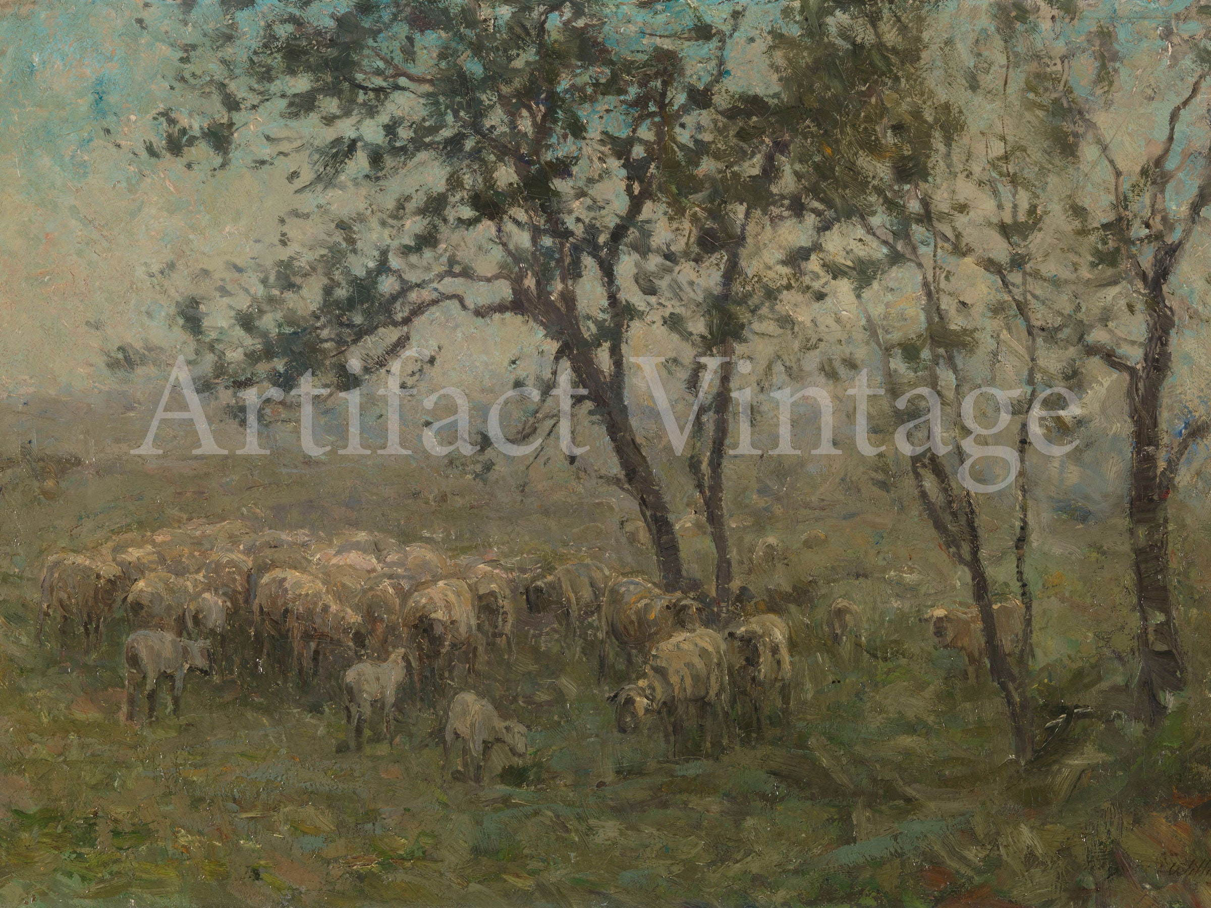 Vintage Painting of Sheep in a Meadow / Muted Landscape / Neutral ...