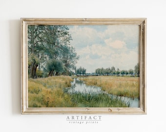 Vintage Pond Painting Wall Art / Country Landscape Wall Decor / Muted Green Art / Digital PRINTABLE Download Art / Watercolor Print / AV_034